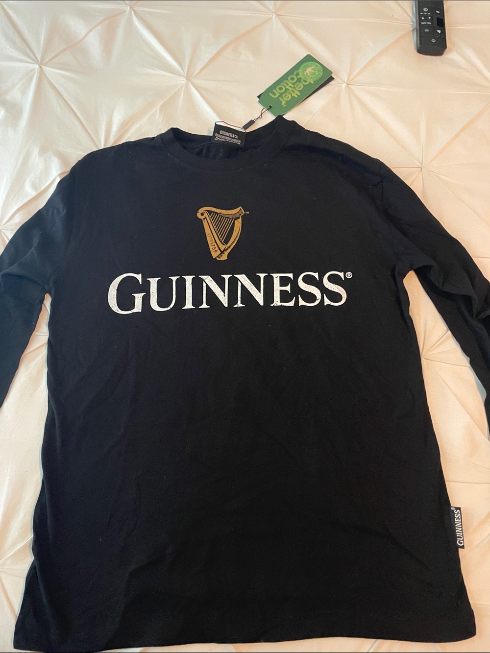 Guinness Black Long Sleeve Tee with Gold Harp and White Logo